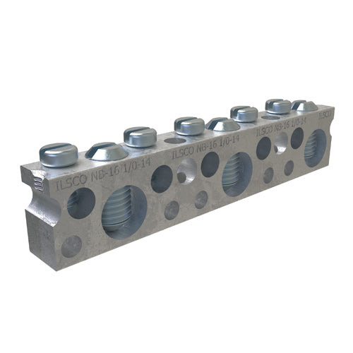 ILSCO Copper Neutral Bar Large Conductor Range 1/0-14 Small Range 6-14 3 Large Ports 5 Small Ports 2 Holes #10 Bolt UL CSA (NBCE-0305-2)