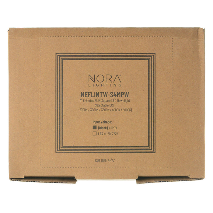Nora 4 Inch E-Series FLIN Square LED Downlight CCT Selectable 2700K/3000K/3500K/4000K/5000K Matte Powder White Finish 120V Triac/ELV (NEFLINTW-S4MPW)