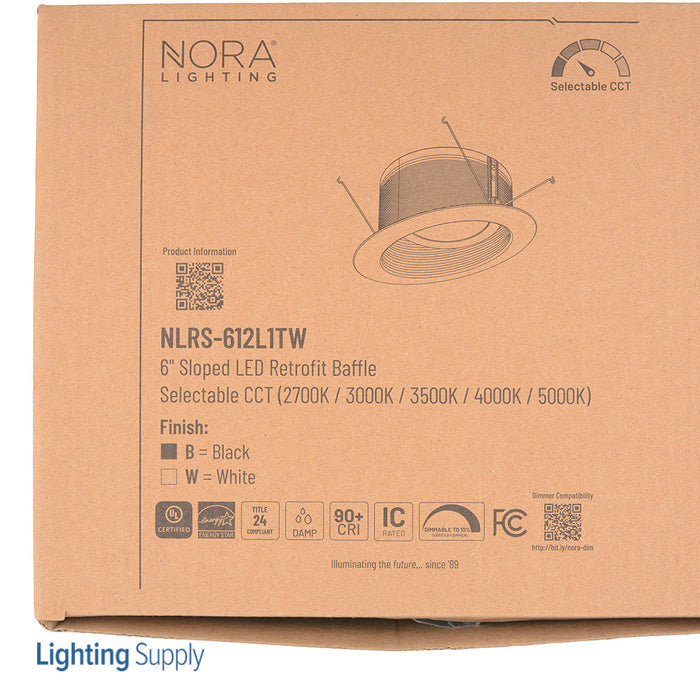 Nora 6 Inch Sloped LED Retrofit Baffle 1200Lm 13W Selectable CCT 2700K/3000K/3500K/4000K/5000K Black Baffle/White Flange (NLRS-612L1TWB)