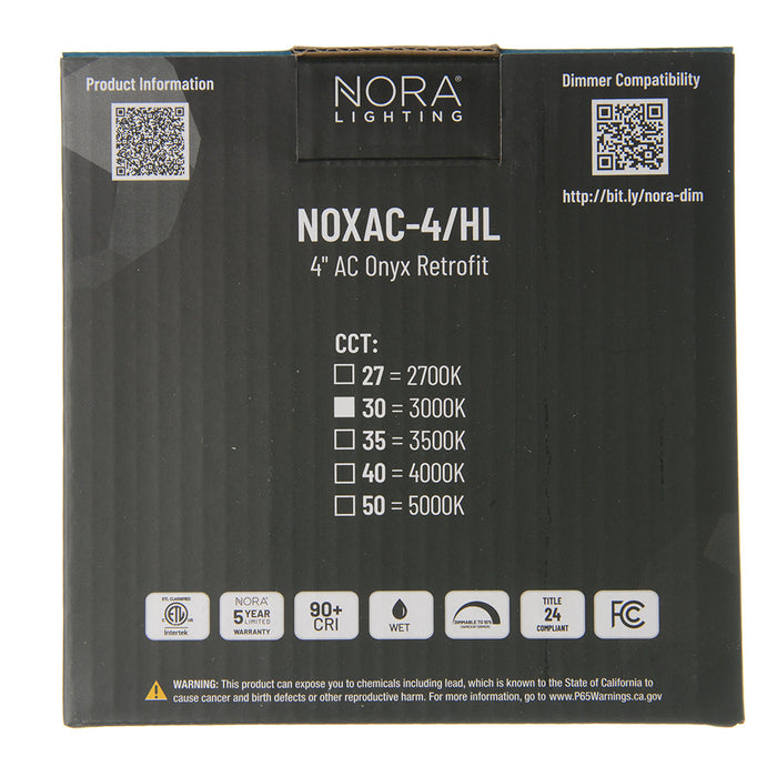 Nora 4 Inch Onyx 15W LED Round Retrofit Reflector 3000K 1000Lm White (NOXAC-43230WW/HL)