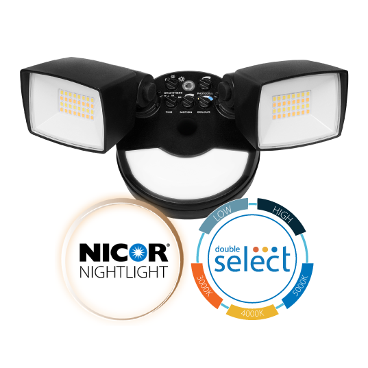 NICOR LED Outdoor Security Flood Light Wattage/CCT Selectable 16W/25W 3000K/4000K/5000K 120V 80 CRI PIR Sensor And Night Light Black (OLS125S120S8BKS)