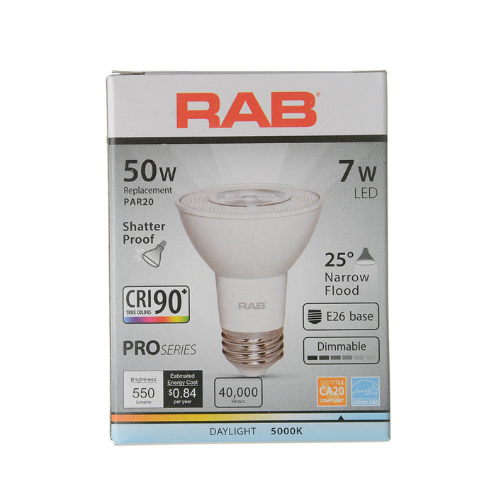 RAB PAR20 7W 50W Equivalent 550Lm E26 90 CRI 5000K Dimmable 25 Degree (PAR20-7-950-25D-DIM)
