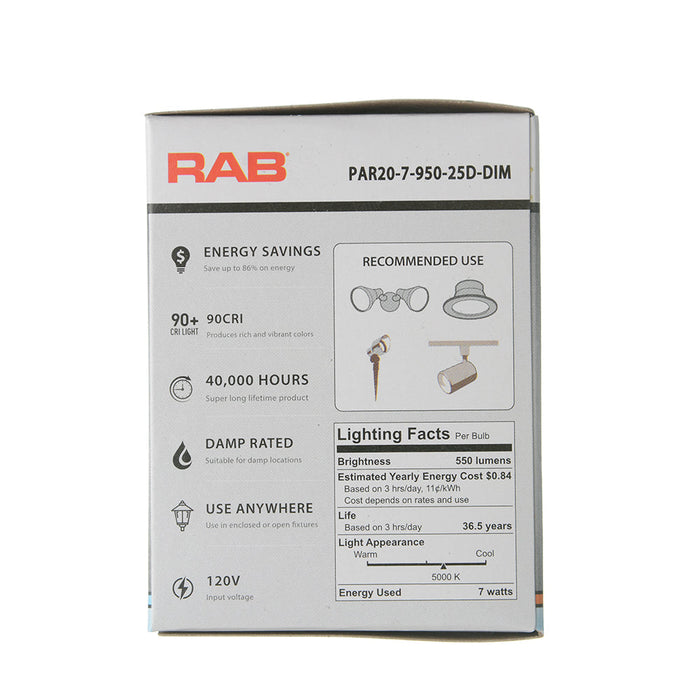 RAB PAR20 7W 50W Equivalent 550Lm E26 90 CRI 5000K Dimmable 25 Degree (PAR20-7-950-25D-DIM)
