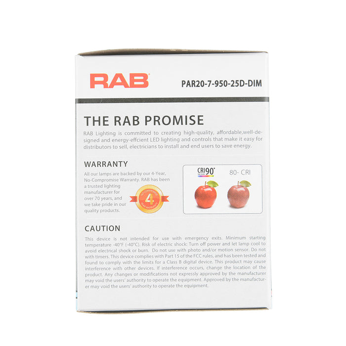 RAB PAR20 7W 50W Equivalent 550Lm E26 90 CRI 5000K Dimmable 25 Degree (PAR20-7-950-25D-DIM)