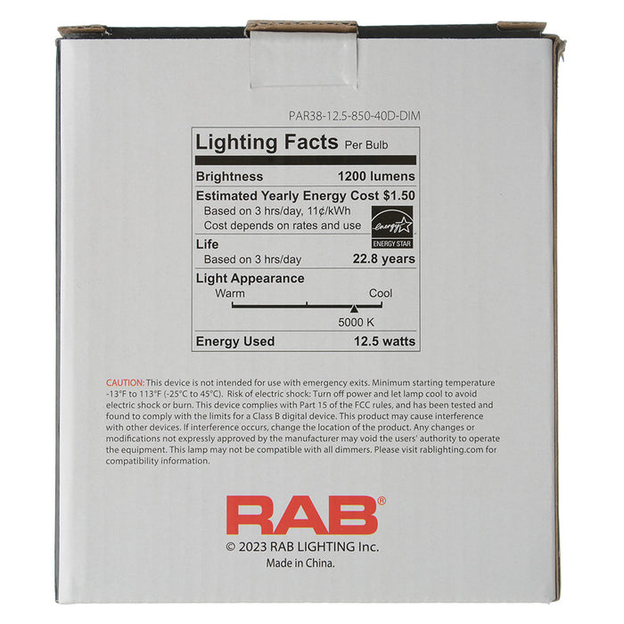 RAB PAR38 12.5W 120W Equivalent 1200Lm E26 Base 80 CRI 5000K Dimmable 40 Degree Beam (PAR38-12.5-850-40D-DIM)