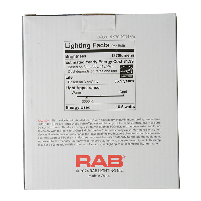 RAB PAR38 16.5W 120W Equivalent 1370Lm E26 90 CRI 3000K Dimmable 40 Degree (PAR38-16-930-40D-DIM)
