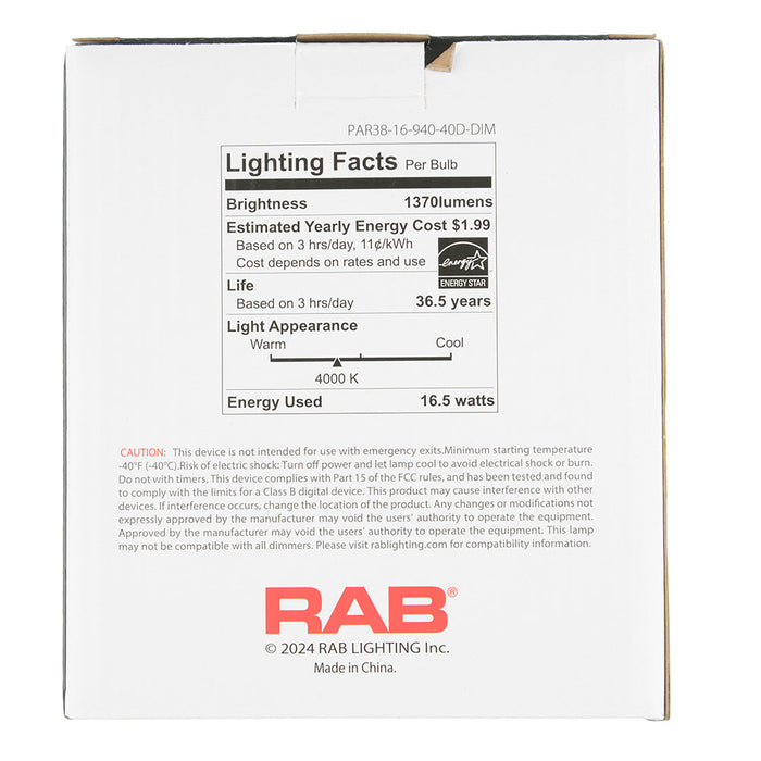 RAB PAR38 16.5W 120W Equivalent 1370Lm E26 90 CRI 4000K Dimmable 40 Degree (PAR38-16-940-40D-DIM)