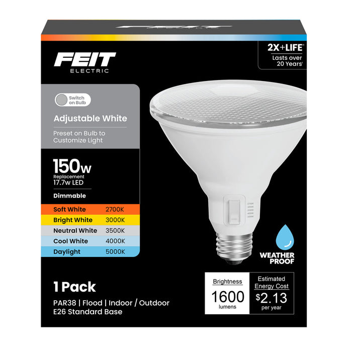 Feit Electric 17.7W LED PAR38 1600Lm CCT Selectable 2700K/3000K/3500K/4000K/5000K 120V 90 CRI E26 Base Dimmable (PAR38150DM5CCTCA)