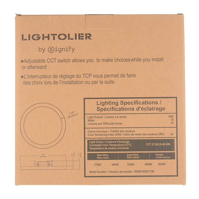 Philips Lightolier SD9R12ESCT1W 9 Inch Round Surface Mount LED Dual Select Downlight 1200Lm Triac Dimming 2700K/3000K/3500K/4000K/5000K 120V White (911401883884)