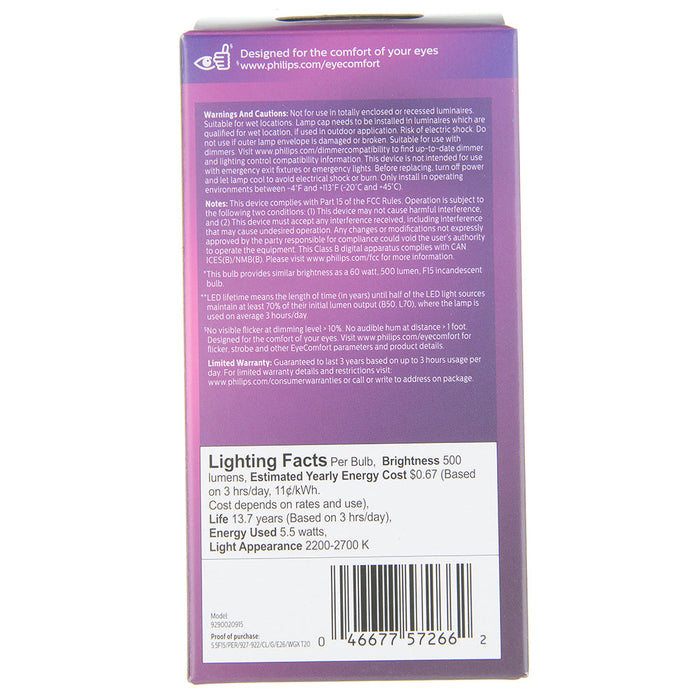Philips 5.5F15/PER/927-922/CL/G/E26/WGX 1PF T20 572669 LED F15 Lamp 5.5W 120V 2200K-2700K Warm Glow 500Lm 300 Degree Beam 90 CRI E26 Base Clear (929002091593)