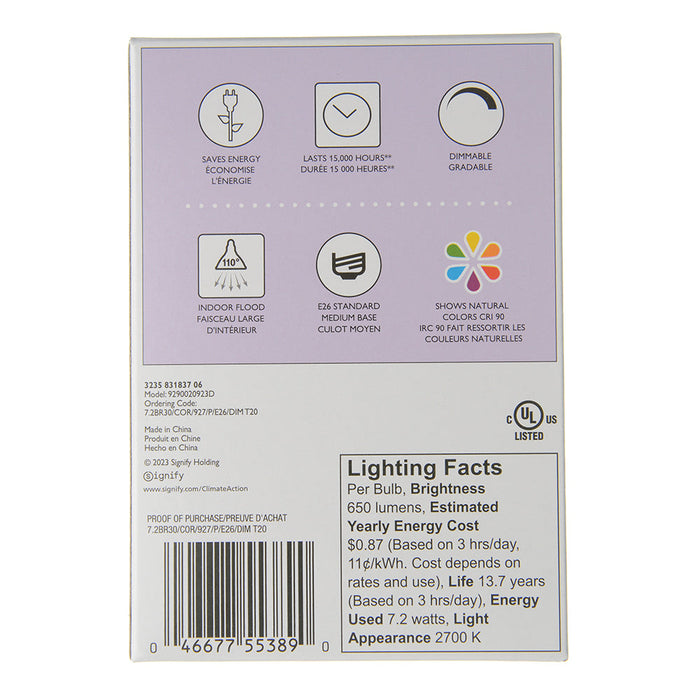 Philips 553891 7.2W BR30 2700K 90 CRI Dimmable E26 Base Bulb Frosted (#929002092304)