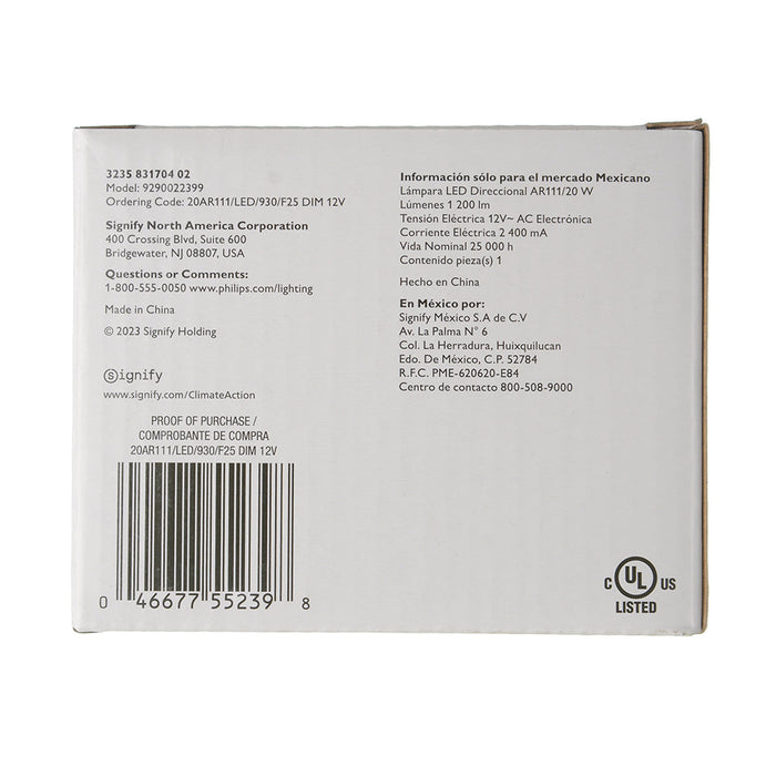 Philips 552398 20W AR111 LED 3000K 90 CRI 25 Degree Flood Dimmable 12V G53 Base (#929002239904)