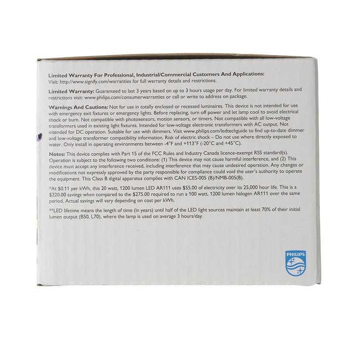 Philips 552398 20W AR111 LED 3000K 90 CRI 25 Degree Flood Dimmable 12V G53 Base (#929002239904)
