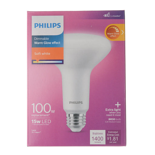 Philips 15BR30/PER/927/P/E26/WG/HO/T20 4/1PF 571471 LED BR30 Lamp 15W 120V 2200K-2700K Warm Glow 1400Lm 90 CRI 110 Degree Beam E26 Base Frosted (929002351433)