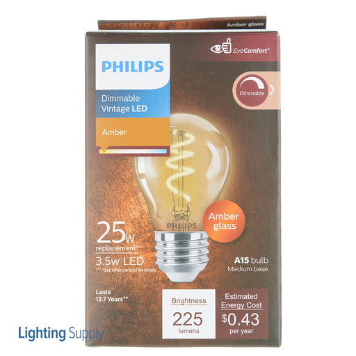Philips 3.5A15/VIN/820/E26/Amber/G/SP D 4/1PFT20 565655 LED A15 Lamp 3.5W 120V 2000K 225Lm 330 Degree Beam Angle 80 CRI E26 Base Amber (929002987203)