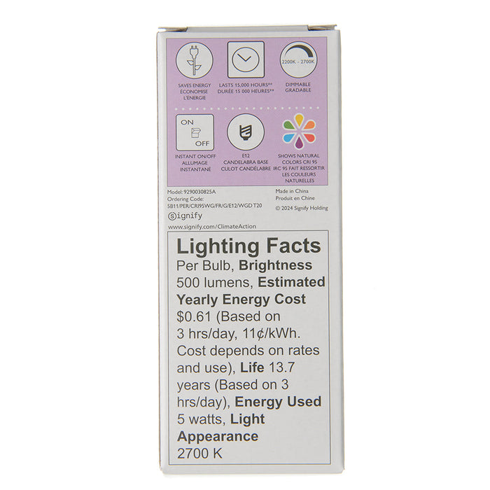 Philips 575191 5W B11 LED Lamp 500Lm 2700K-2200K 120V 90 CRI Candelabra E12 Base (#929003082504)