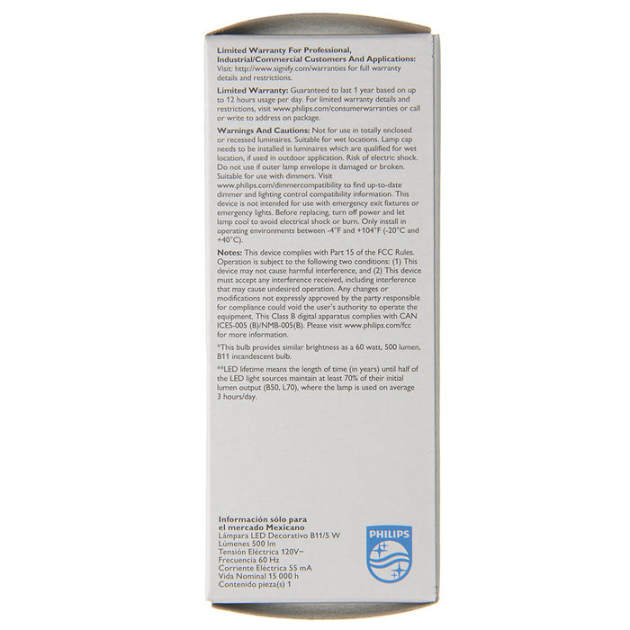 Philips 575191 5W B11 LED Lamp 500Lm 2700K-2200K 120V 90 CRI Candelabra E12 Base (#929003082504)