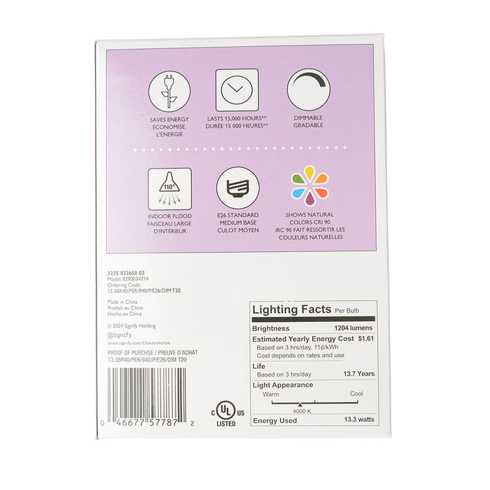 Philips 13.3BR40/PER/940/P/E26/DIM 6/1CT T20 577874 LED BR40 Lamp 13.3W 120V 4000K Cool White 1204Lm 110 Degree Beam 90 CRI E26 Base Frosted (929003477404)