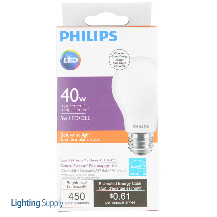 Philips 5A19/LED/927/FR/Glass/E26/DIM 1FB T20 578534 LED A19 Lamp 5W 120V 2700K Warm White 450Lm 320 Degree Beam 90 CRI E26 Base Frosted (929003497304)
