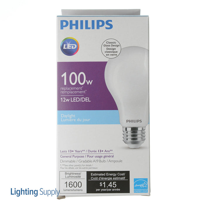Philips 12A19/LED/950/FR/Glass/E26/DIM 1FB T20 578633 LED A19 Lamp 12W 120V 5000K Daylight 1600Lm 320 Degree Beam 90 CRI E26 Base Frosted (929003498404)