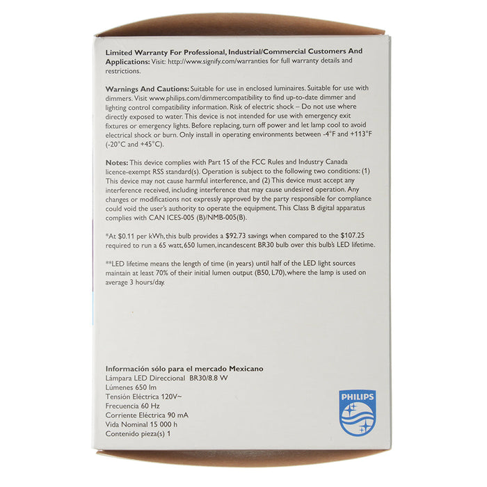 Philips 8.8BR30/CNG/850/FR/P/E26/DIM/120V 6/1CT 583617 8.8W LED BR30 Lamp 5000K 650Lm Daylight 110 Degree Beam 120V E26 Base Frosted (929003620104)