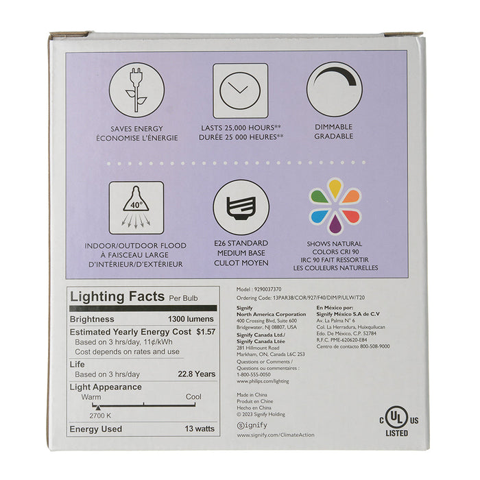 Philips 13PAR38/COR/927/F40/DIM/P/ULW/T20 6/1FB 13W LED PAR38 Bulb E26 Base 1300Lm 2700K 90 CRI 120V 40 Degree Beam Angle Clear (929003737004)