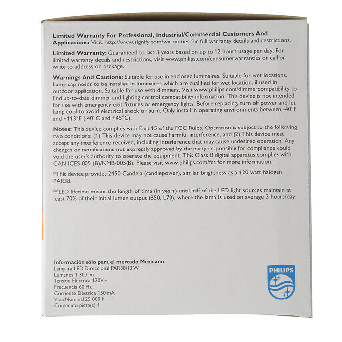 Philips 13PAR38/COR/927/F40/DIM/P/ULW/T20 6/1FB 13W LED PAR38 Bulb E26 Base 1300Lm 2700K 90 CRI 120V 40 Degree Beam Angle Clear (929003737004)