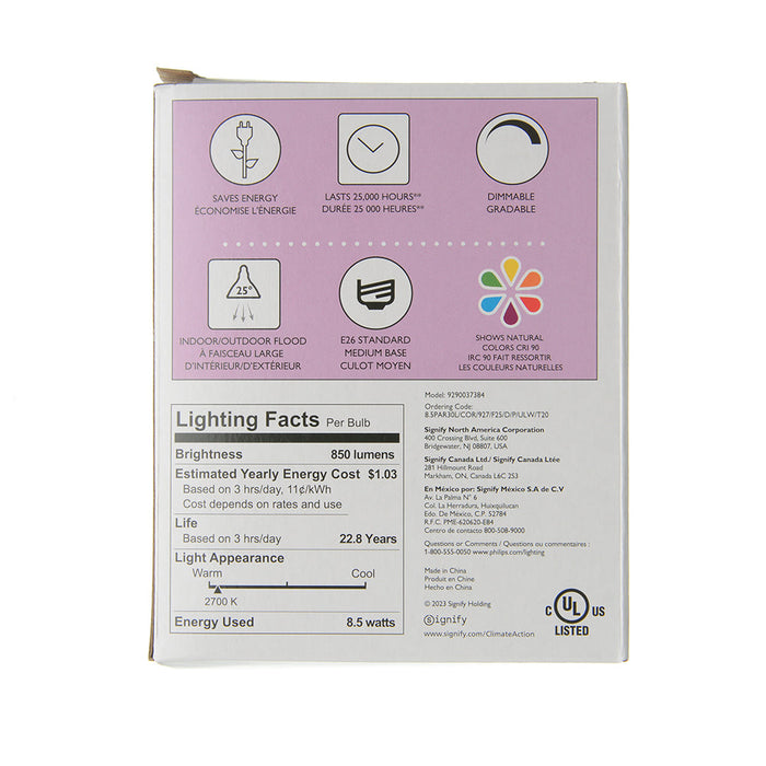 Philips 8.5PAR30L/COR/927/F25/D/P/ULW/T20 6/1FB 8.5W LED PAR30L Bulb E26 Base 850Lm 2700K 90 CRI 120V 25 Degree Beam Angle Clear (929003738404)