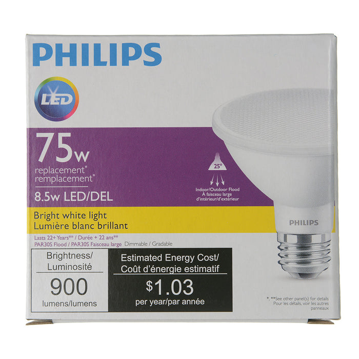 Philips 8.5PAR30S/COR/930/F25/D/P/ULW/T20 6/1FB 8.5W LED PAR30S Bulb E26 Base 900Lm 3000K 90 CRI 120V 25 Degree Beam Angle Clear (929003739004)