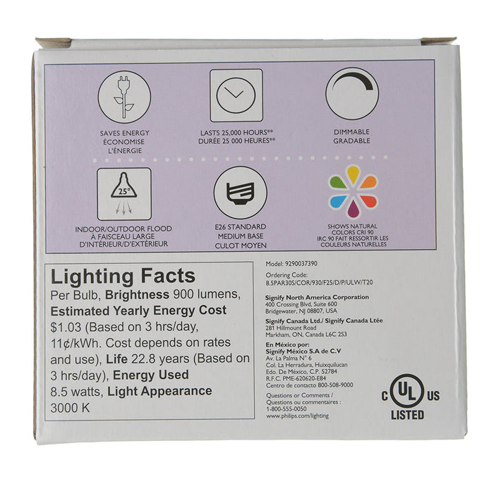 Philips 8.5PAR30S/COR/930/F25/D/P/ULW/T20 6/1FB 8.5W LED PAR30S Bulb E26 Base 900Lm 3000K 90 CRI 120V 25 Degree Beam Angle Clear (929003739004)