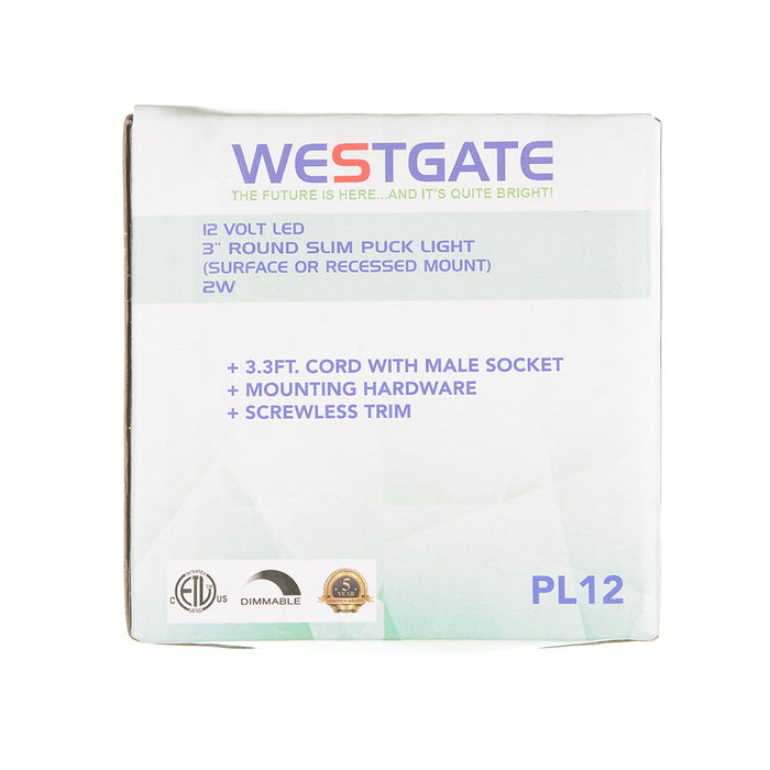 Westgate Manufacturing 12V LED Slim Puck Lights 2W 120Lm 3000K Triac Dimming (PL12-30K-BK)