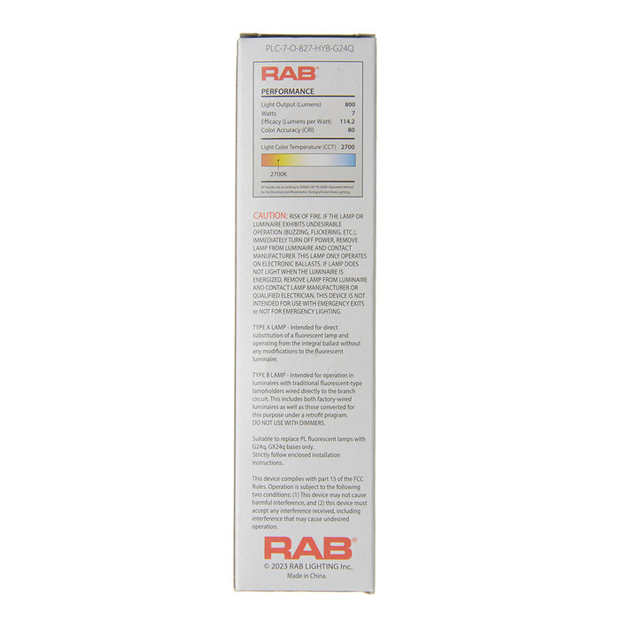 RAB LED PLC Omni 7W 18W Equivalent 800Lm G24Q 80 CRI 2700K Type A And B (PLC-7-O-827-HYB-G24Q)