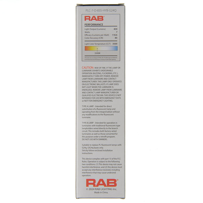 RAB PLC Omni 7W 18W Equivalent 830Lm G24q Base 80 CRI 3500K Type A/B (PLC-7-O-835-HYB-G24Q)