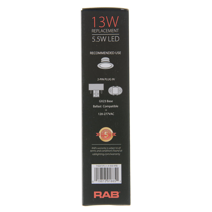 RAB PLS Horizontal 5.5W 13W Equivalent 570Lm Gx23 Base 80 CRI 3000K Hybrid (PLS-5-H-830-HYB)