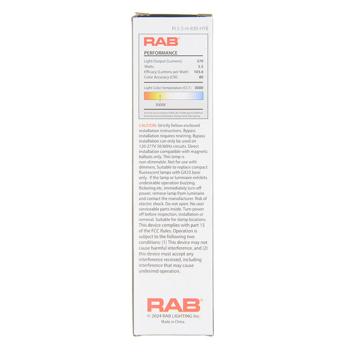 RAB PLS Horizontal 5.5W 13W Equivalent 570Lm Gx23 Base 80 CRI 3000K Hybrid (PLS-5-H-830-HYB)