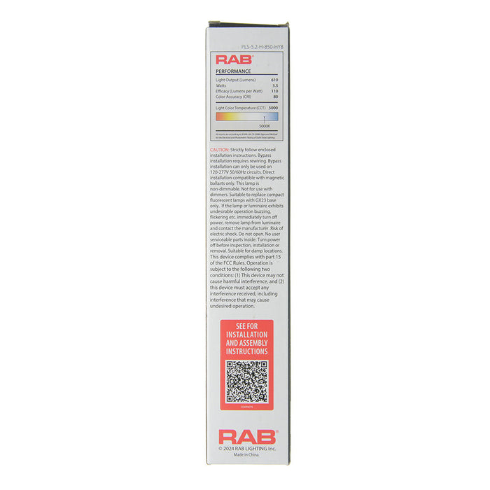 RAB PLS Horizontal Flat Type A/B Gx23 Base 5.2W 11W Equivalent 610Lm 5000K (PLS-5.2-H-850-HYB)