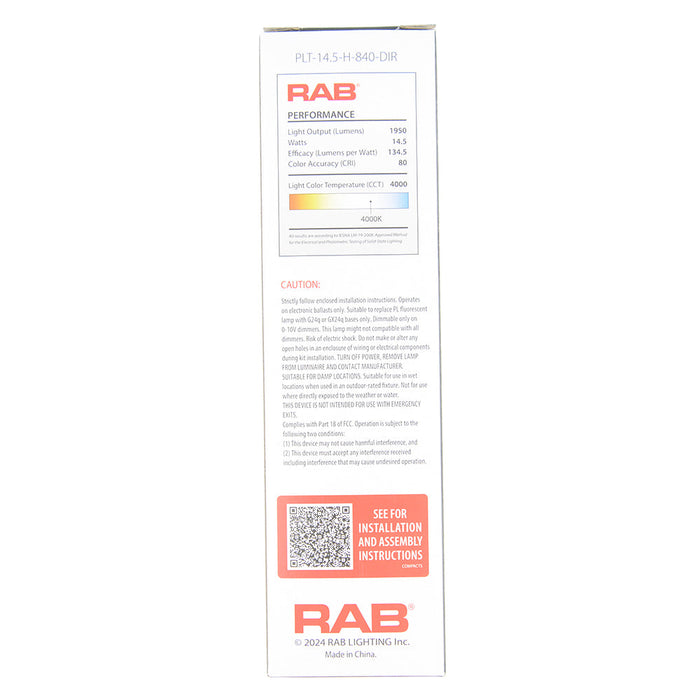 RAB PLT Horizontal 14.5W 42W Equivalent 1950Lm G24q Base 80 CRI 4000K Ballast Compatible (PLT-14.5-H-840-DIR)