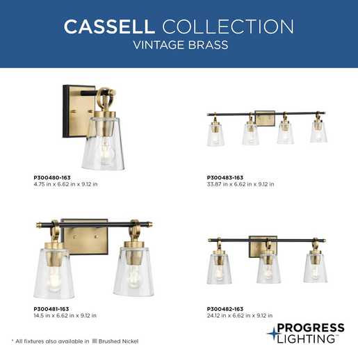 Progress Lighting Cassell Collection Three-Light Bath And Vanity Fixture Vintage Brass (P300482-163)