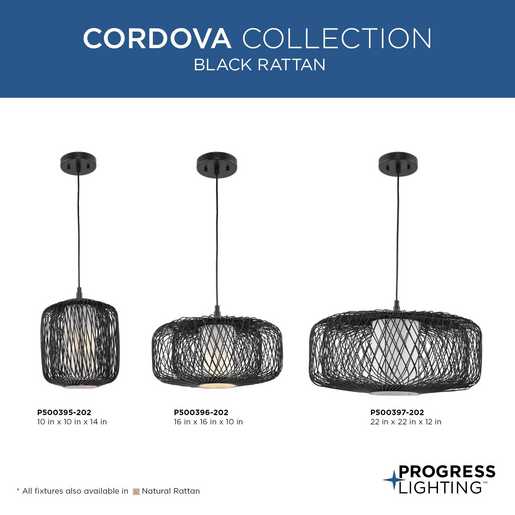 Progress Lighting Cordova Collection One-Light Pendant Black Rattan (P500397-202)