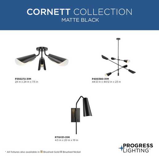 Progress Lighting Cornett Collection Three-Light Semi-Flush Close-To-Ceiling Fixture Matte Black (P350272-31M)