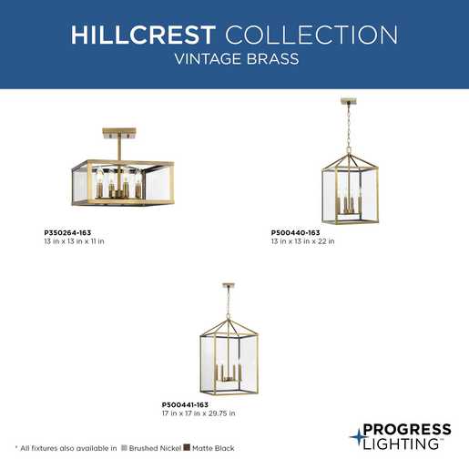 Progress Lighting Hillcrest Collection Four-Light Semi-Flush Close-To-Ceiling Fixture Vintage Brass (P350264-163)