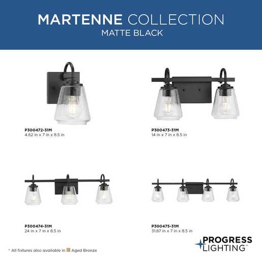 Progress Lighting Martenne Collection One-Light Bath And Vanity Fixture Matte Black (P300472-31M)