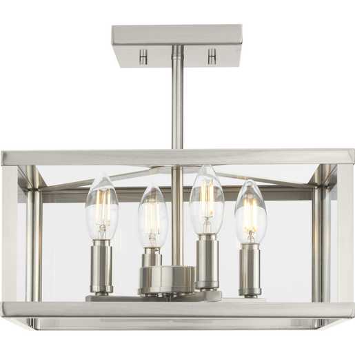 Progress Lighting Hillcrest Collection Four-Light Semi-Flush Close-To-Ceiling Fixture Brushed Nickel (P350264-009)