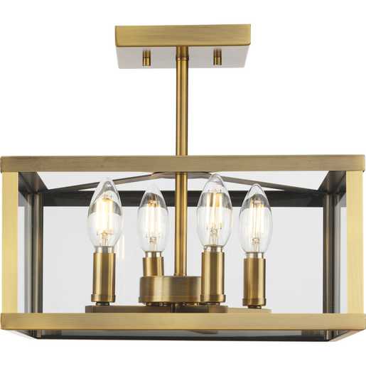 Progress Lighting Hillcrest Collection Four-Light Semi-Flush Close-To-Ceiling Fixture Vintage Brass (P350264-163)