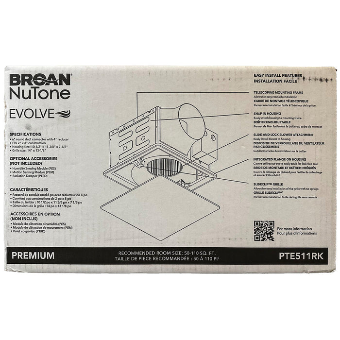 Broan-NuTone Evolve Premium Exhaust Fan 50/80/110 Selectable Cfm With Continuous Run Fan (PTE511RK)