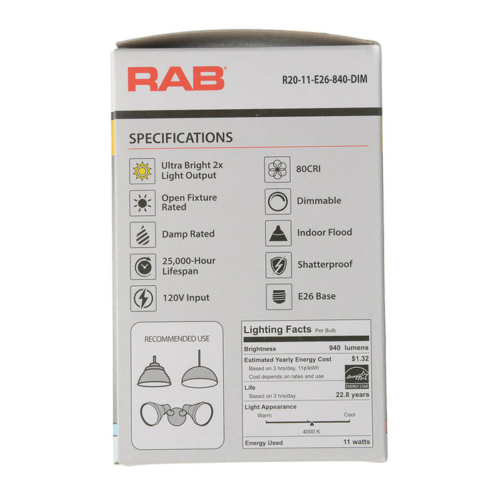 RAB R20 11W 75W Equivalent 940Lm E26 Base 80 CRI 4000K Dimmable Plastic 120V (R20-11-E26-840-DIM)