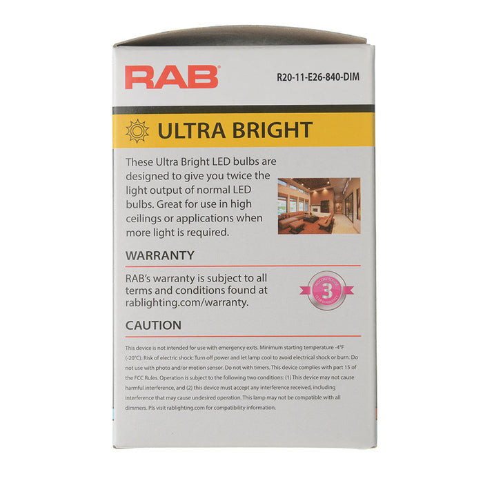 RAB R20 11W 75W Equivalent 940Lm E26 Base 80 CRI 4000K Dimmable Plastic 120V (R20-11-E26-840-DIM)
