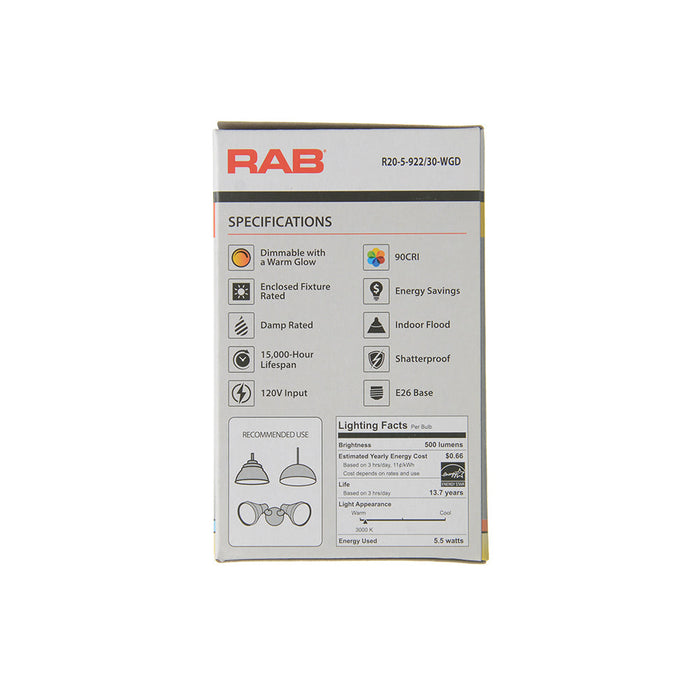 RAB R20 5.5W 60W Equivalent 500Lm E26 Base 90 CRI 2200K-3000K Dimmable (R20-5-922/30-WGD)