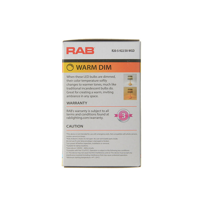 RAB R20 5.5W 60W Equivalent 500Lm E26 Base 90 CRI 2200K-3000K Dimmable (R20-5-922/30-WGD)