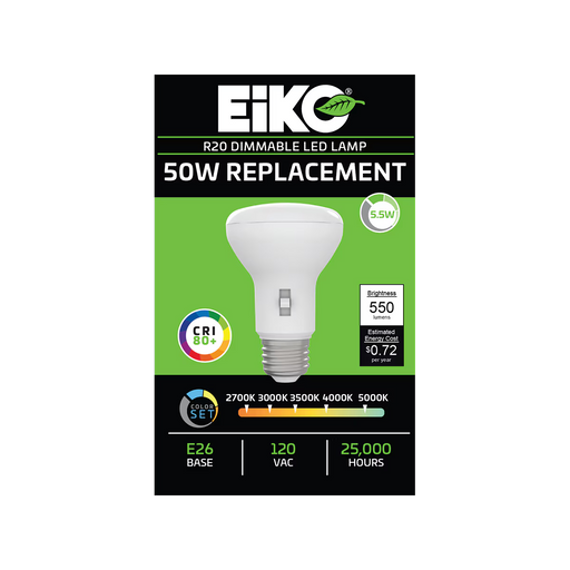 EIKO R20-6W-8FCCT-D 6W LED R20 Lamp Medium E26 Base ColorSET 2700K/3000K/3500K/4000K/5000K 80 CRI 120V Dimmable (16354)